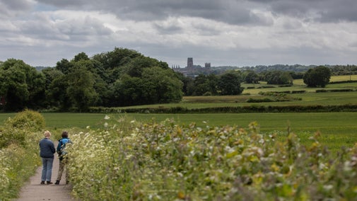A cloudy but bright summer's day, two walkers pause on a lane between tall, lush vegetation, looking towards a view across green fields to a small woodland. The skyline of Durham city and cathedral are silhouetted in the distance